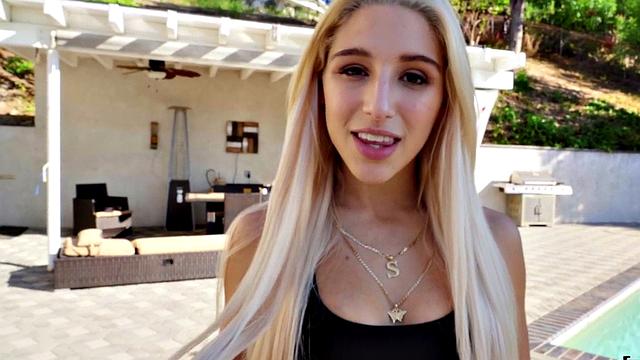 Blonde teen with a trimmed pussy rides a big cock while her boyfriend is out