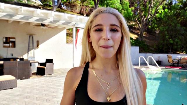 Blonde teen with a trimmed pussy rides a big cock while her boyfriend is out