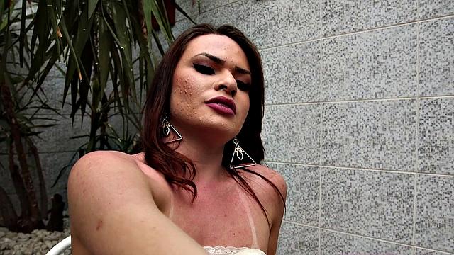 Blonde with big tits enjoys outdoor shower before smoking in bathroom