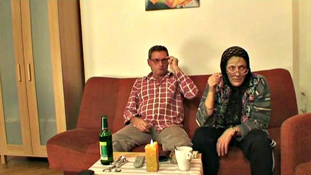 Teen rides old man in a three-way