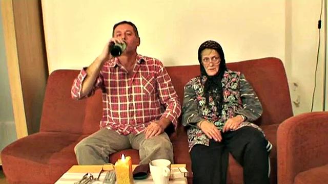 Teen rides old man in a three-way