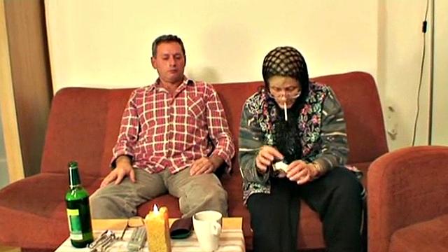 Teen rides old man in a three-way