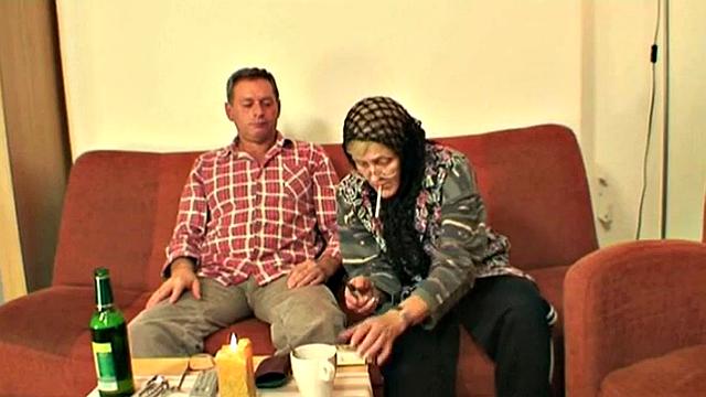 Teen rides old man in a three-way