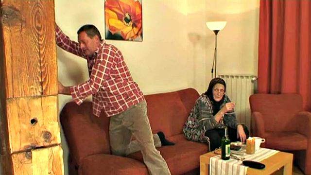 Teen rides old man in a three-way