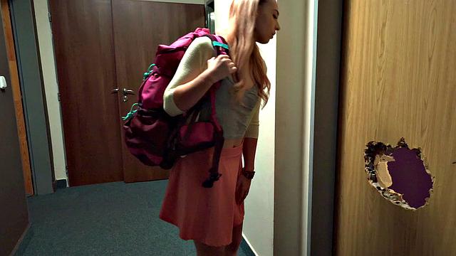 Athletic MILF with small tits in tight jeans gets stuck in a door and fucked hard