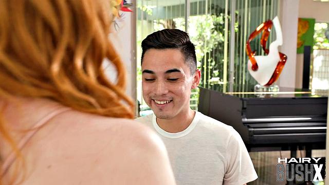 Hairy ginger MILF bouncing on lover