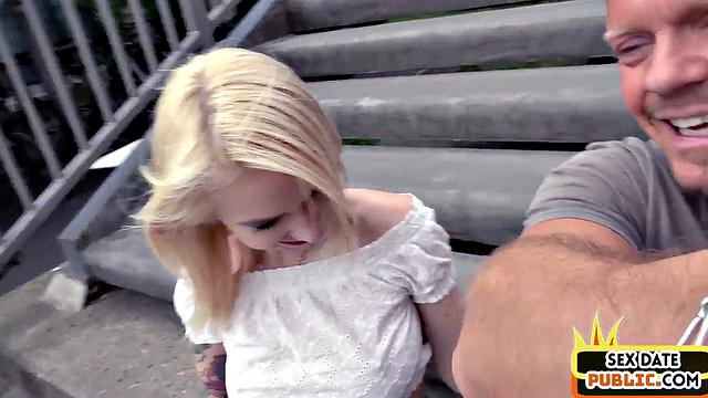 Public german babe deepthroating and riding cock outdoors