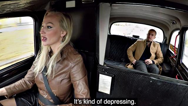 Tattooed blonde passenger licks and pounds bigboobs taxi driver in stockings and leather