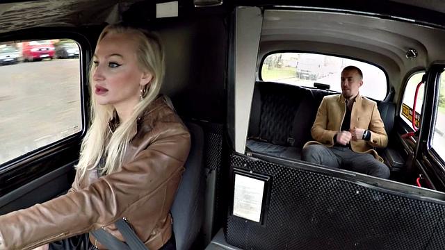Tattooed blonde passenger licks and pounds bigboobs taxi driver in stockings and leather
