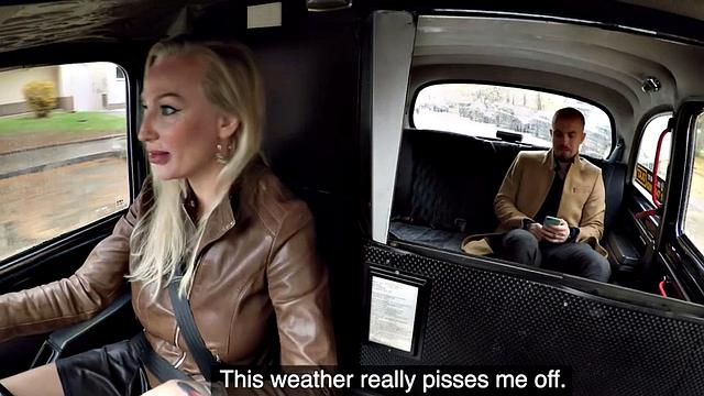 Tattooed blonde passenger licks and pounds bigboobs taxi driver in stockings and leather