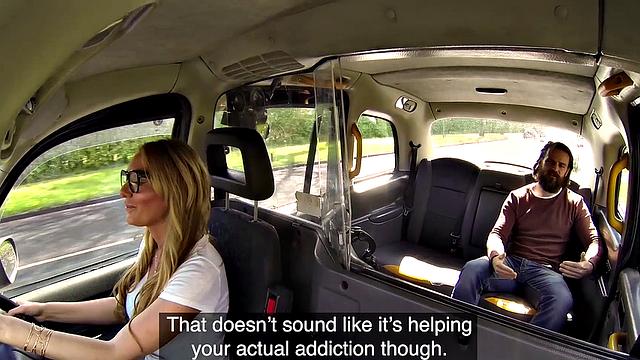 Blonde tattooed slut gets naughty outside and takes a taxi ride with glasses on