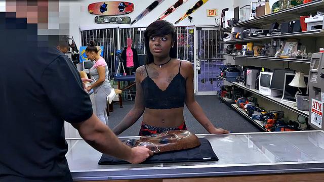 Naive ebony babe fucked by shop owner after sucking cock