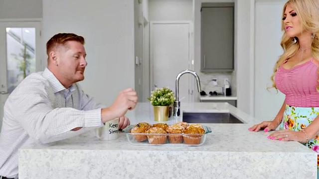 Kitchen lesbian action with busty blonde MILF & her vibrator