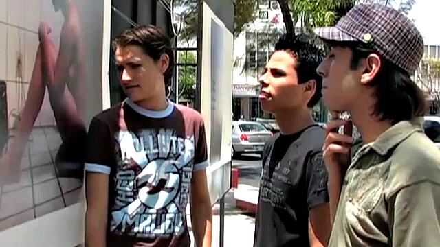 Six young Latinos hook up at an outdoor exhibit and decide to head inside for some private fun. Once indoors, group heads for a sofa where clothes start to get pulled off and big dicks get sucked.