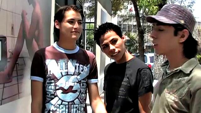 Six young Latinos hook up at an outdoor exhibit and decide to head inside for some private fun. Once indoors, group heads for a sofa where clothes start to get pulled off and big dicks get sucked.