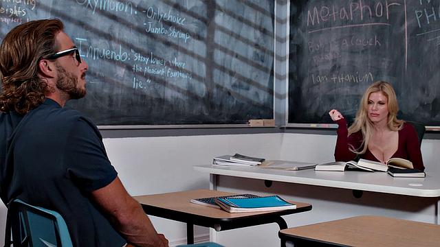 Busty professor, Casca Akashova, helps her student's boner by taking his cock on her desk