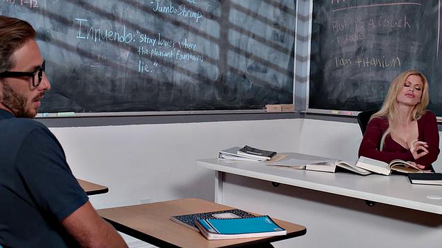 Busty professor, Casca Akashova, helps her student's boner by taking his cock on her desk