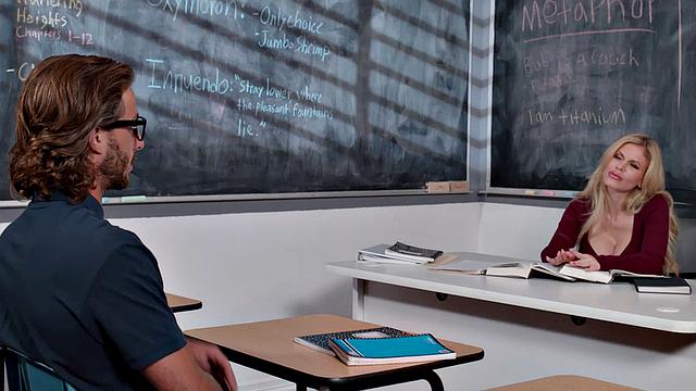 Busty professor, Casca Akashova, helps her student's boner by taking his cock on her desk