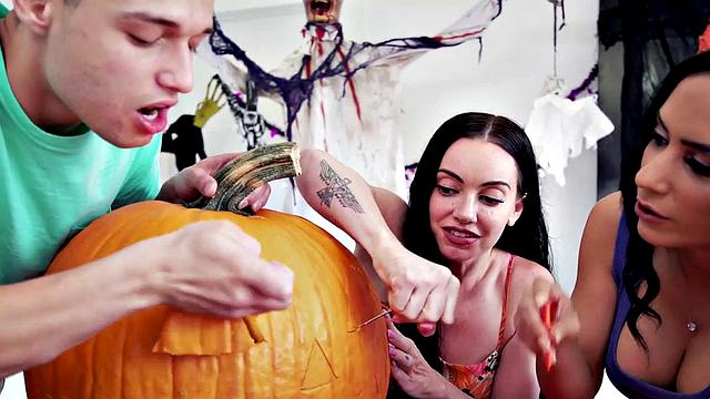 Stepson licks and fucks busty stepmom in her trimmed pussy, wearing a smile!