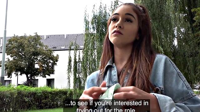 Crazy girl with natural tits gets fucked outdoors in public