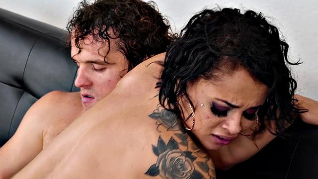 Roadside Rescue: Curly-haired tattooed babe gets her trimmed pussy pounded in cowgirl & reverse cowgirl positions