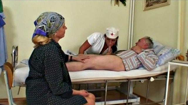 Teen nurse fucks oldie as wife masturbates