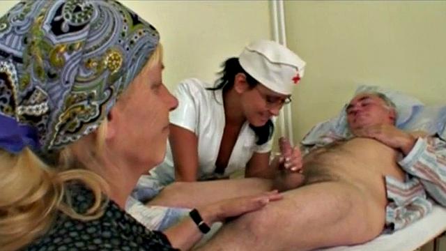 Teen nurse fucks oldie as wife masturbates