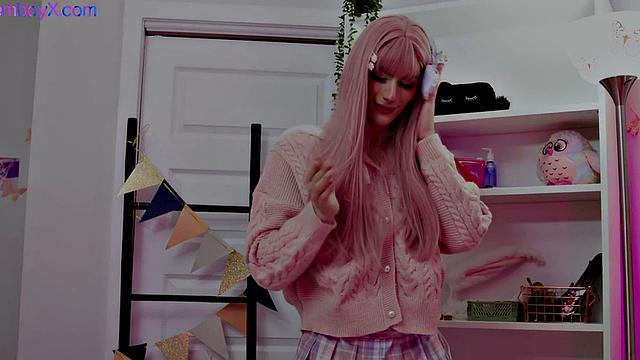 Pink hair femboy in college uniform fucked in skinny ass