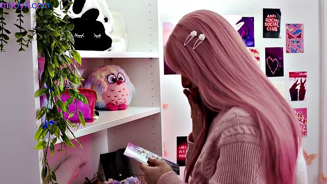 Pink hair femboy in college uniform fucked in skinny ass