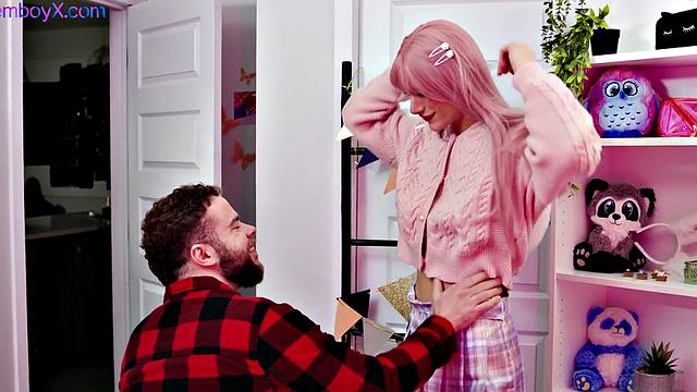 Pink hair femboy in college uniform fucked in skinny ass