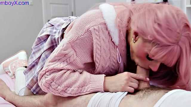 Pink hair femboy in college uniform fucked in skinny ass