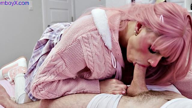 Pink hair femboy in college uniform fucked in skinny ass