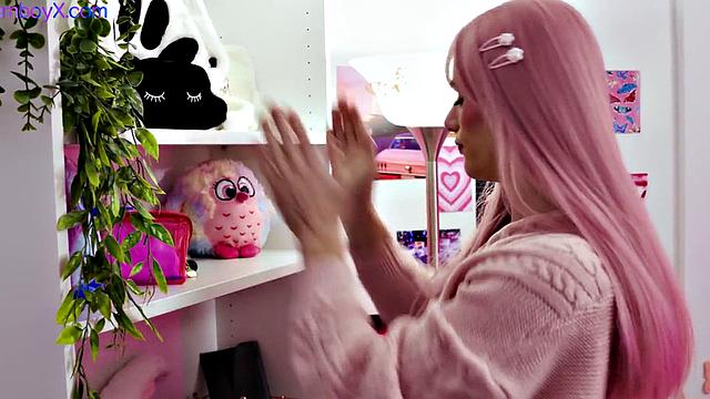 Pink hair femboy in college uniform fucked in skinny ass