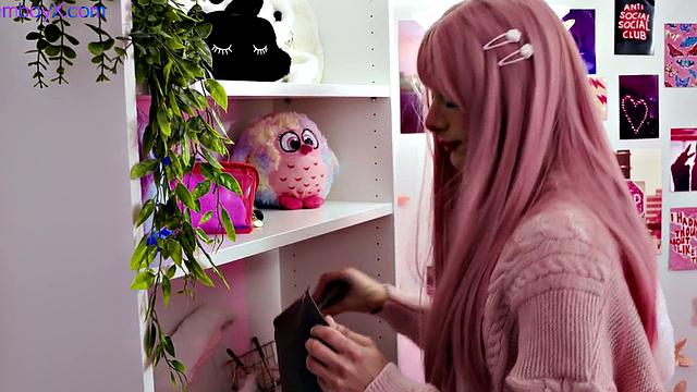 Pink hair femboy in college uniform fucked in skinny ass