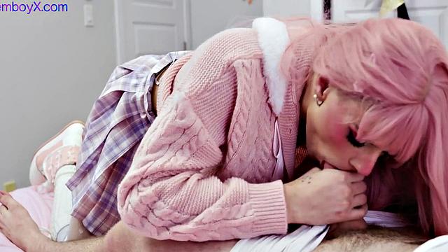 Pink hair femboy in college uniform fucked in skinny ass