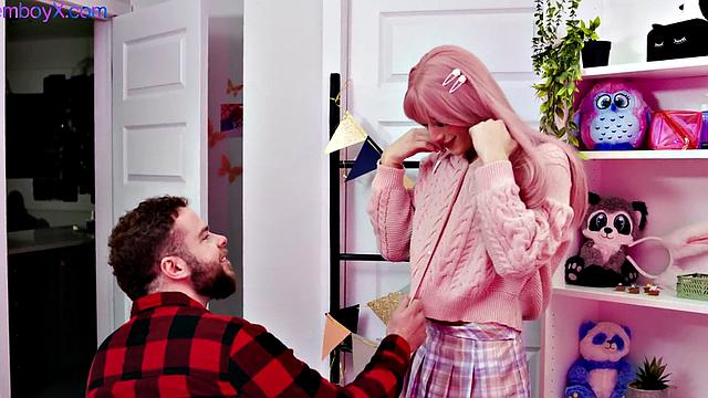 Pink hair femboy in college uniform fucked in skinny ass