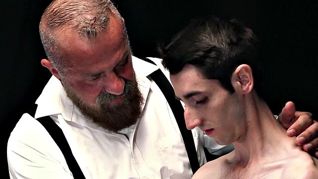 Obedient skinny twink toyed by dominant DILF with dildo