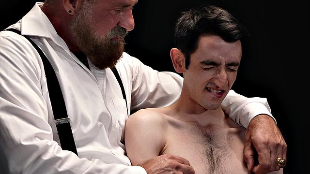 Obedient skinny twink toyed by dominant DILF with dildo