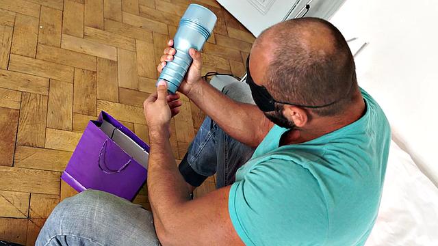 Masked athletic hunk wanks cock with sex toy and cums