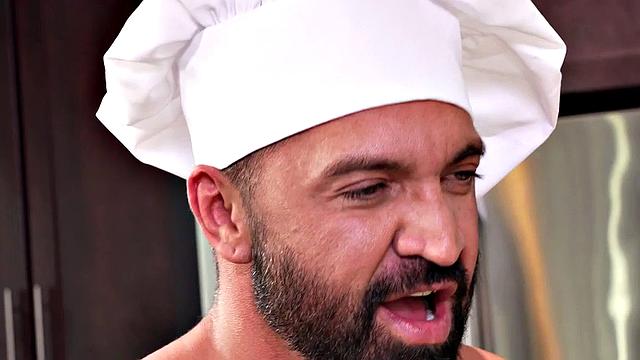 Fisting kitchen chef fucks bareback anal bottom