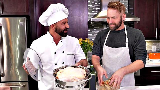 Fisting kitchen chef fucks bareback anal bottom