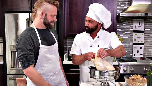 Fisting kitchen chef fucks bareback anal bottom