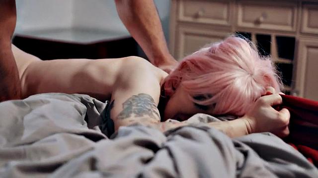 Inked TS babe deepthroats and rides new cock of her banger