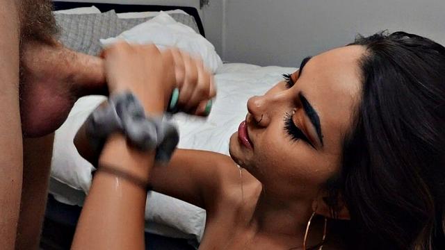 American Muscle Brunette in a bedroom reverse cowgirl with a huge dick