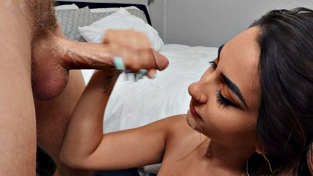 American Muscle Brunette in a bedroom reverse cowgirl with a huge dick