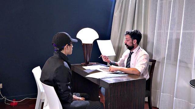 Daddy Joris makes a pass at young Ivan, who does not push back. It isn't long before the boy has his lips wrapped around daddy's big dick. Then he bends over the desk and Joris slides in from behind.