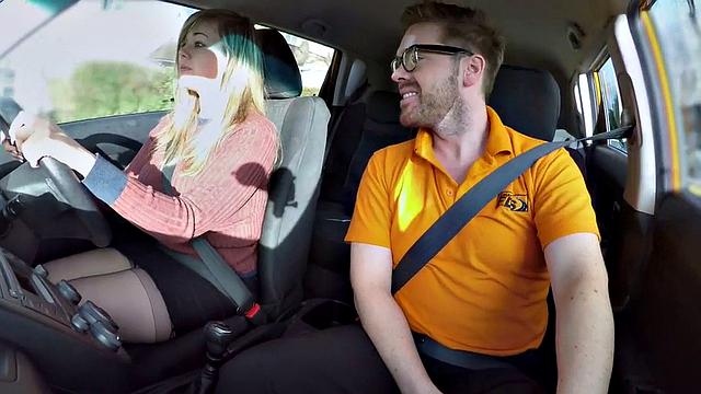 Curvy babe sucks off and rides driving instructor in car