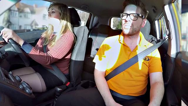 Curvy babe sucks off and rides driving instructor in car