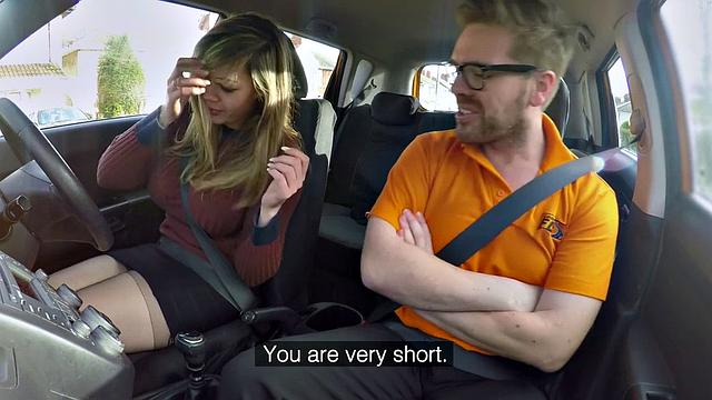 Curvy babe sucks off and rides driving instructor in car