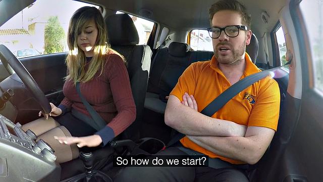 Curvy babe sucks off and rides driving instructor in car